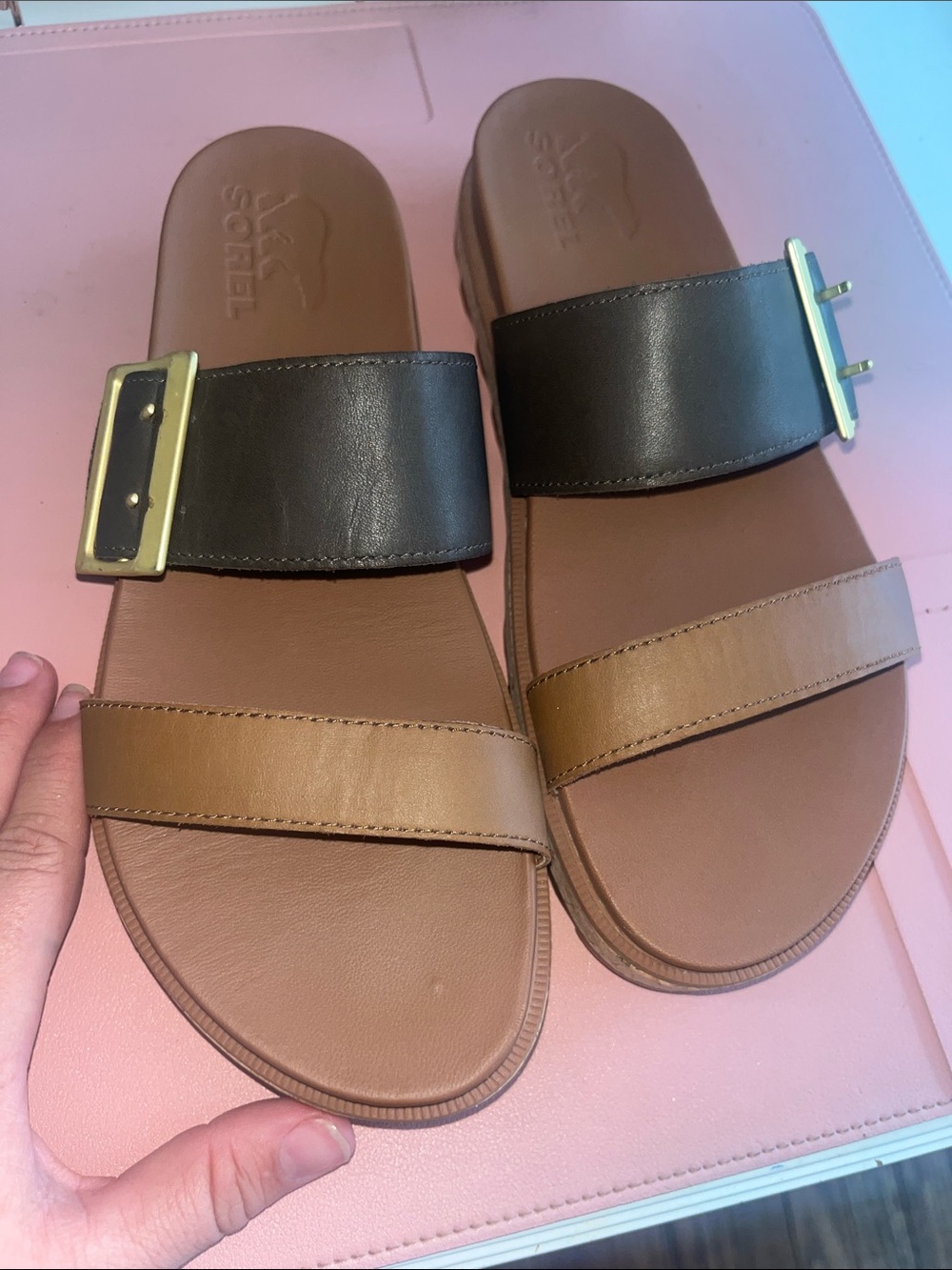 Sorel Roaming Buckle Two-Tab Slide Sandals in Black and Brown
